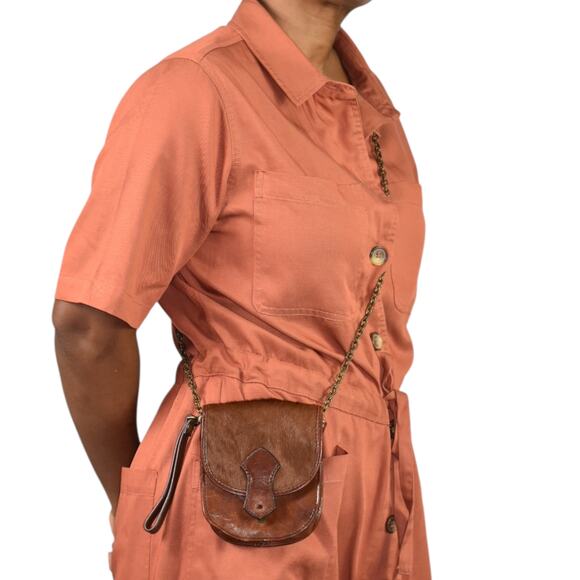 Club Monaco Leather Bag Brown Crossbody Chain Strap Satchel Saddlebag Calf Hair - Picture 12 of 12